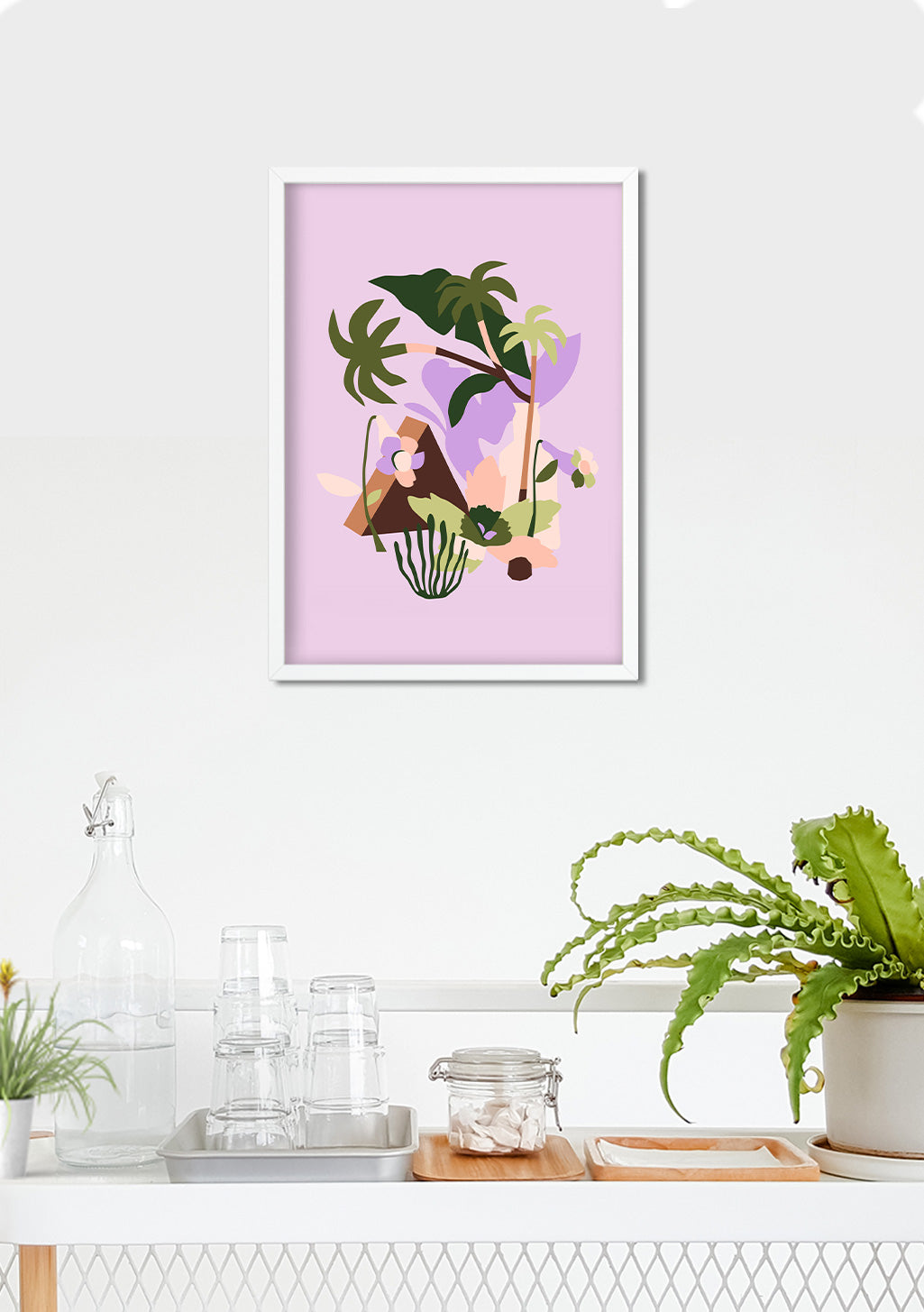 Poster violet avec plantes et formes géométriques