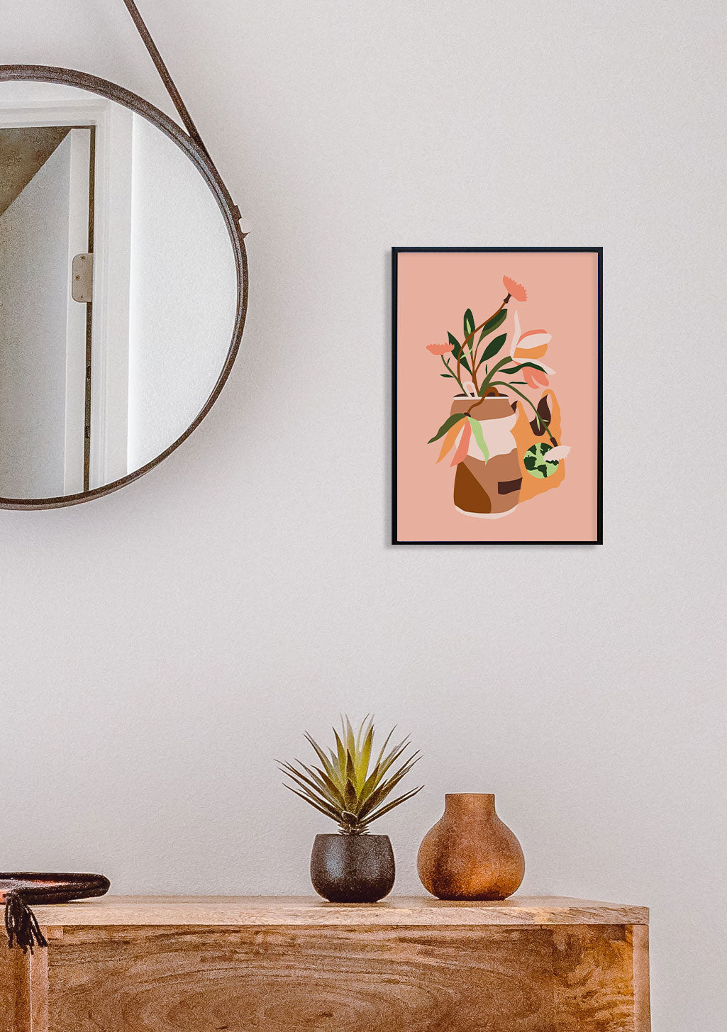 Poster floral abstrait dans un vase, couleurs chaudes