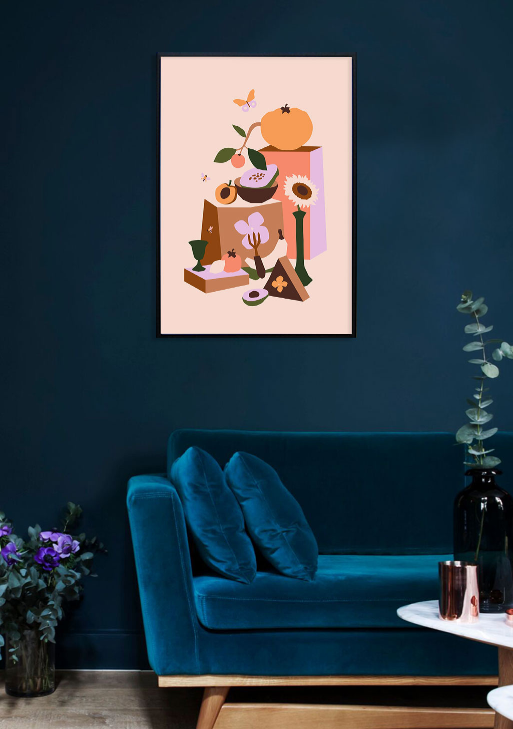 Fruit, fleurs, nature morte, couleurs vives, composition abstraite