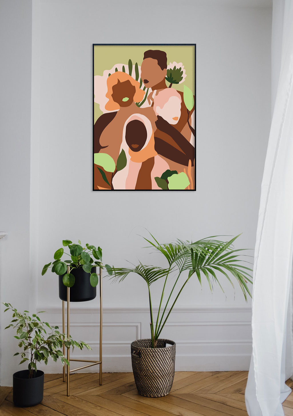 Art abstrait floral, couleurs chaudes, formes géométriques