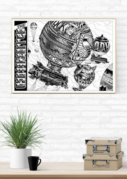 Art abstrait en noir et blanc, motifs géométriques, texte stylisé, objets divers