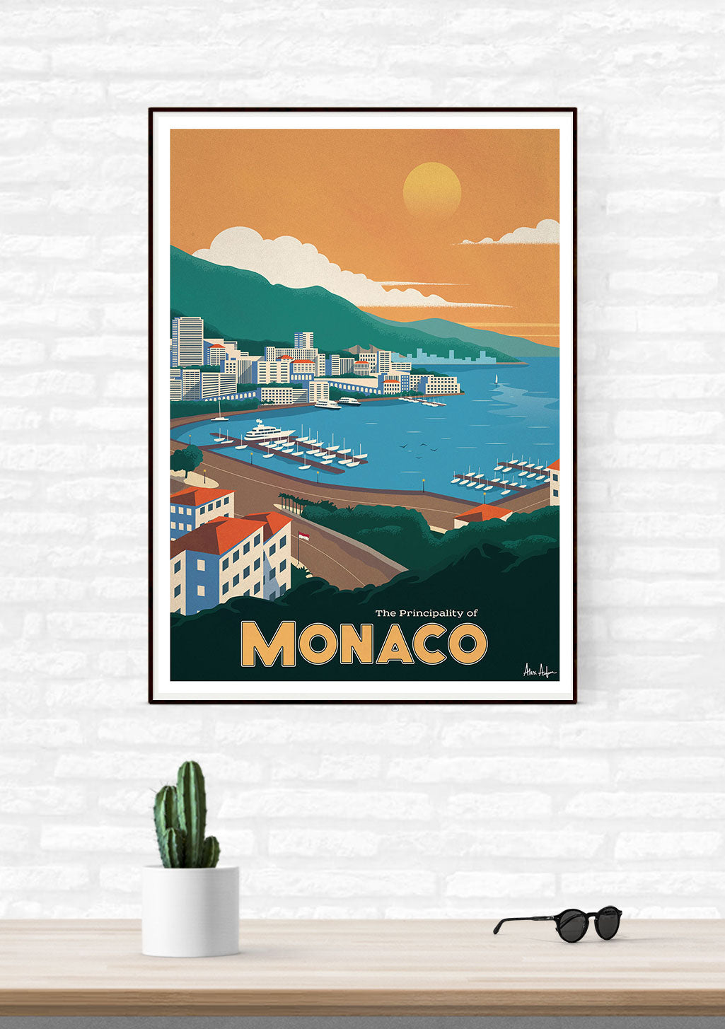 Affichage de Monaco, port, coucher de soleil, ville côtière, bâtiments, bateaux, montagne, ciel orange