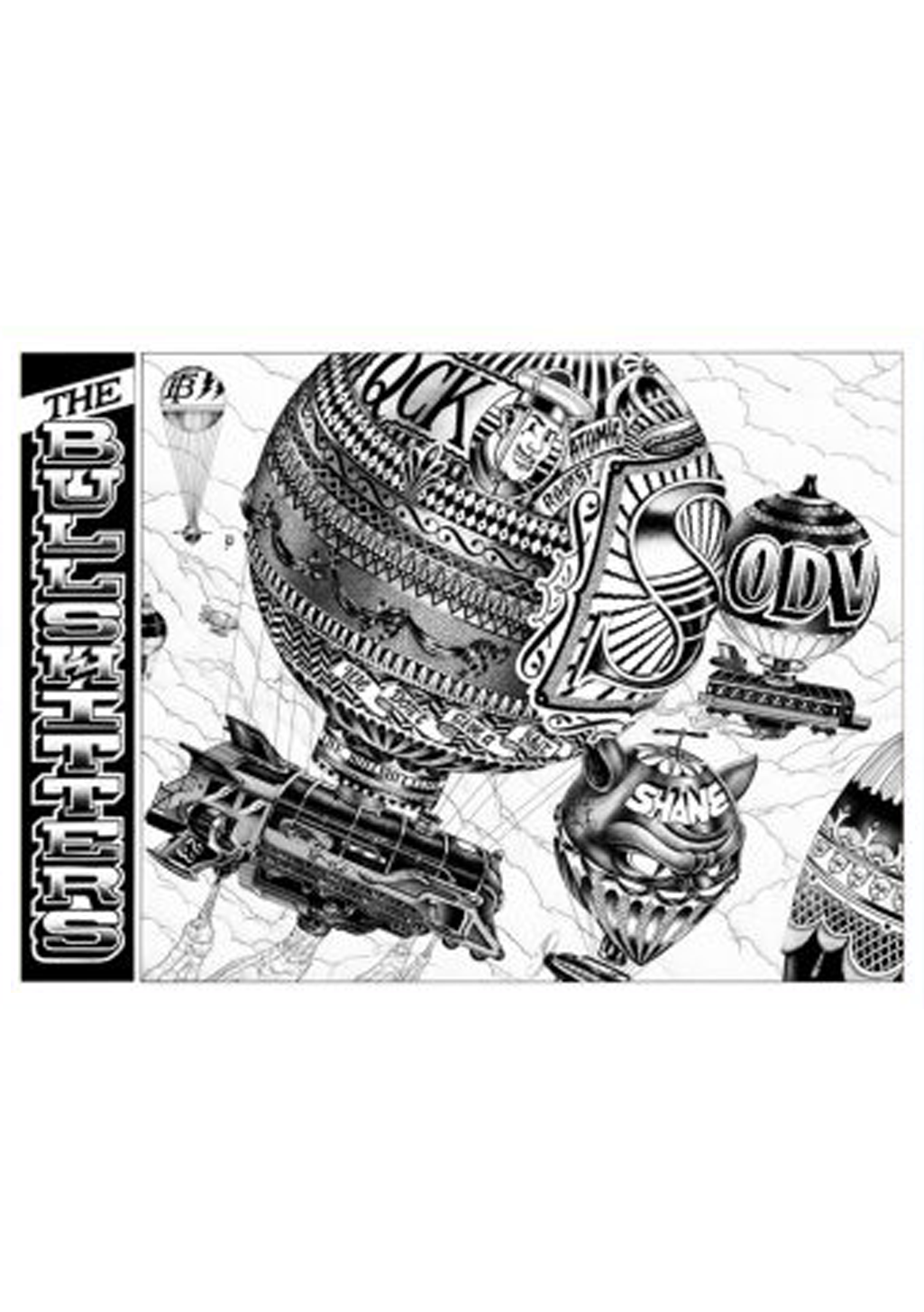 Art steampunk, casque complexe, animaux mécaniques, texte stylisé, illustration en noir et blanc