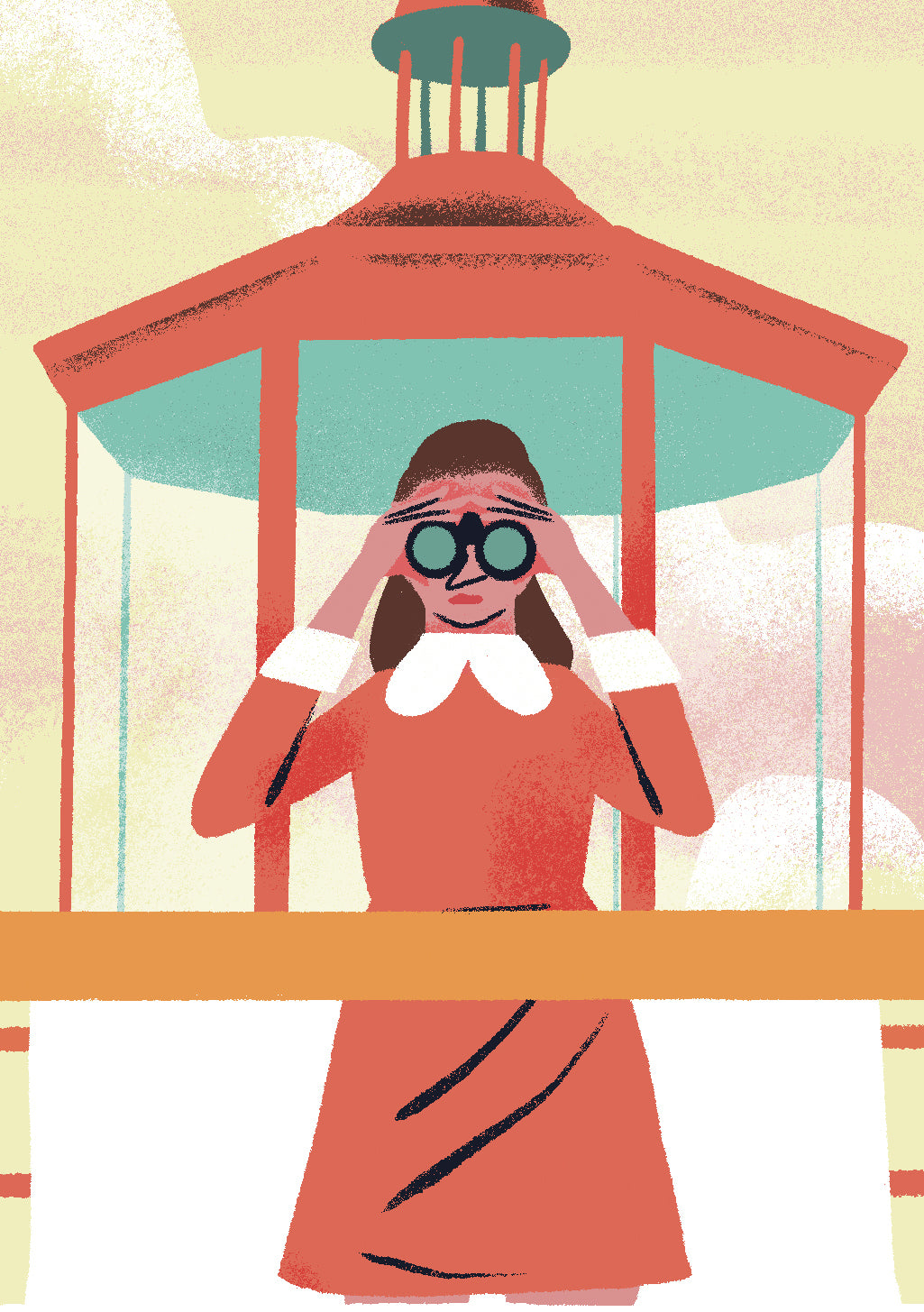 Femme en robe rouge sous un kiosque, mains sur visage, lunettes bleues