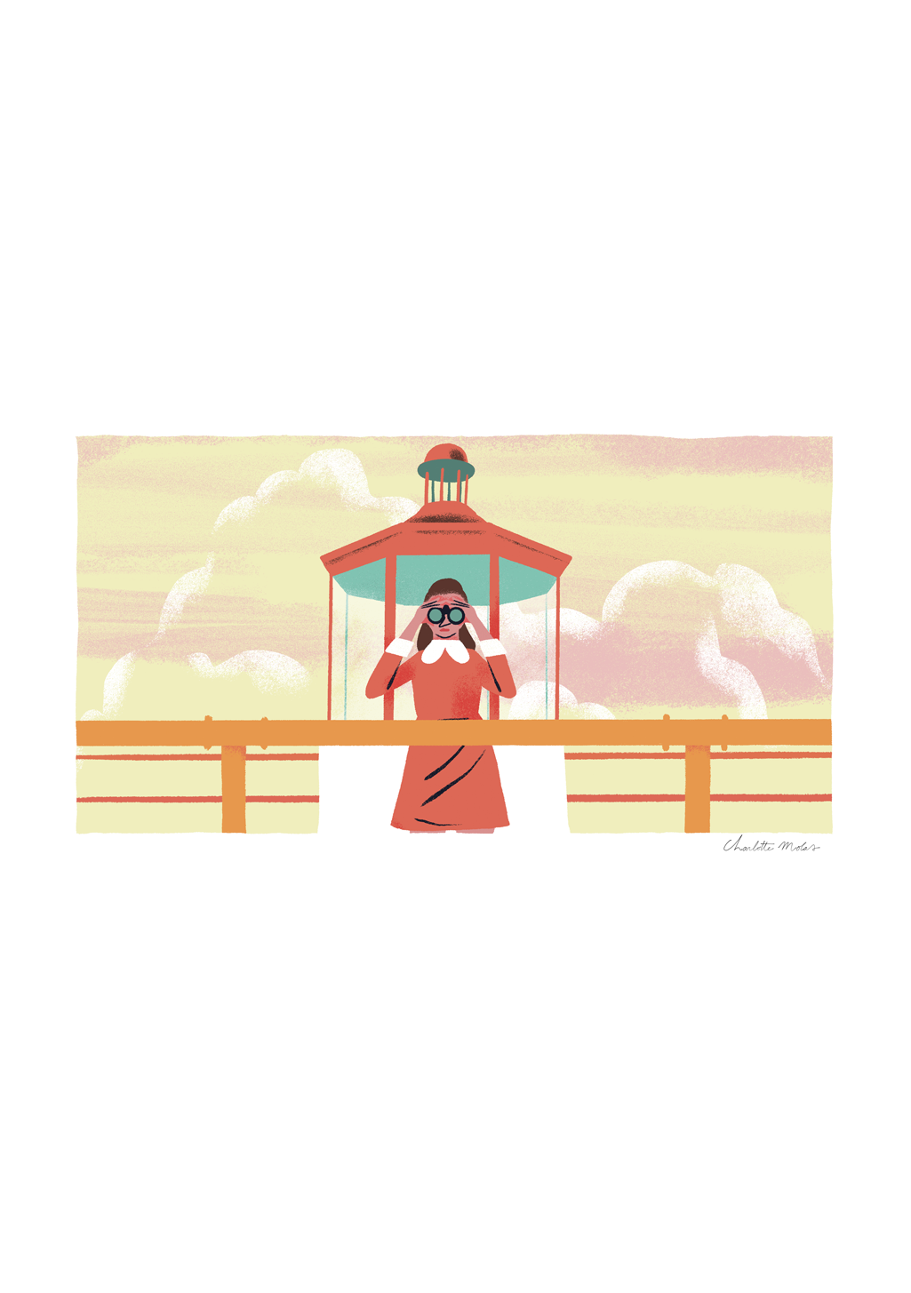 Femme en robe rouge sous un kiosque, ciel nuageux, pont en bois