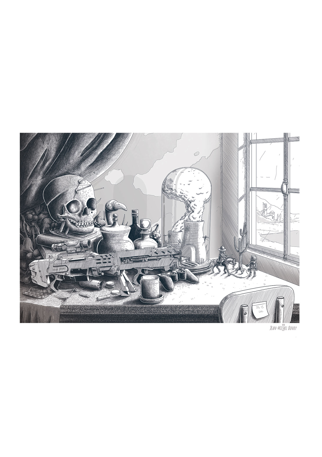 Squelette, armes, laboratoire, fenêtre, désert, dessin en noir et blanc