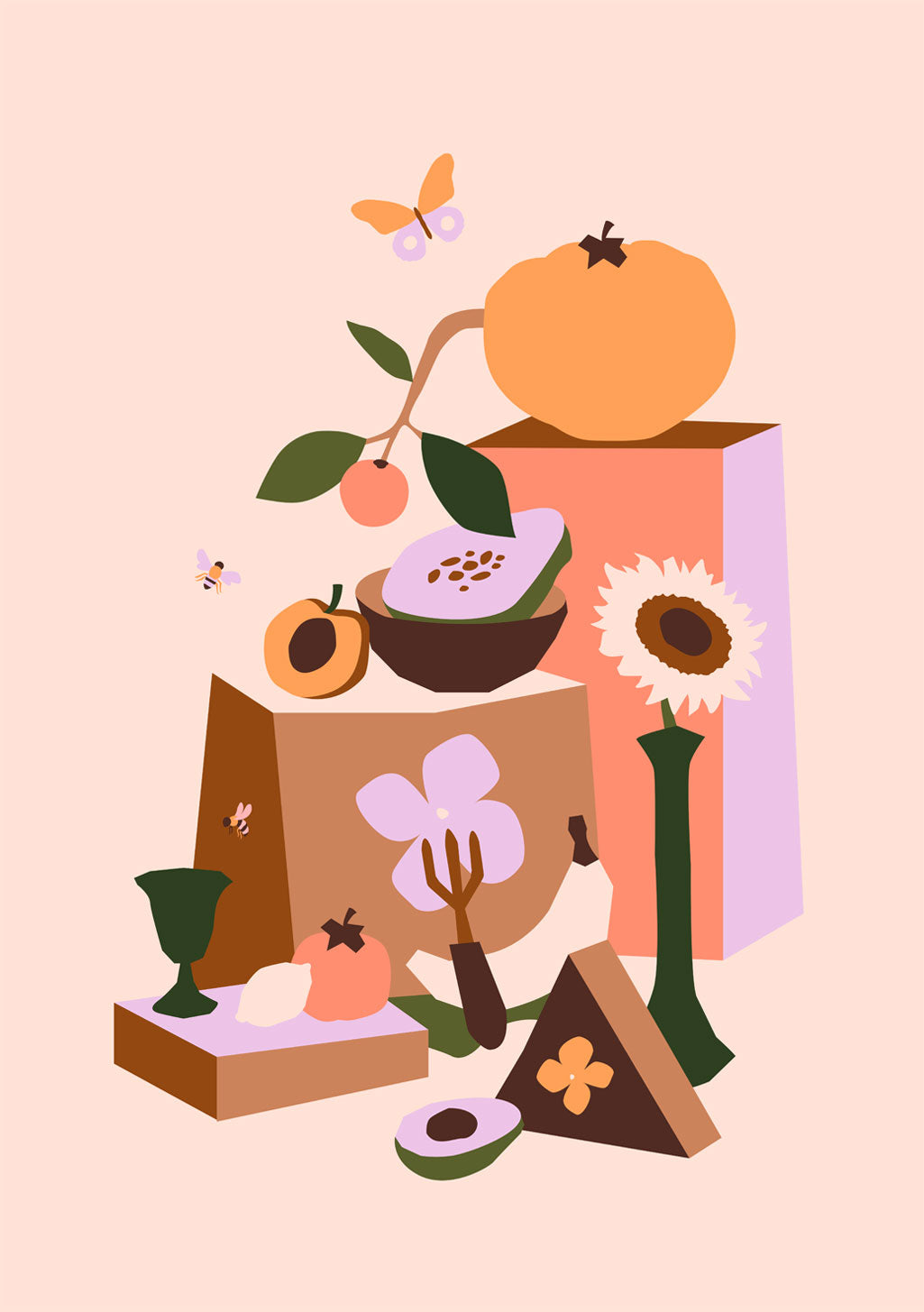 Illustration de fruits, fleurs et papillons stylisés
