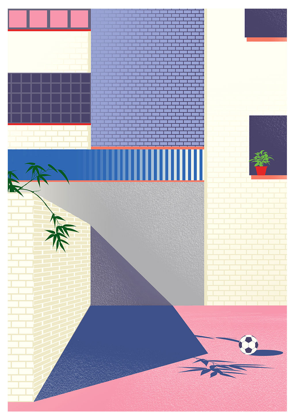 Poster urbain abstrait avec briques, plantes, ballon de football