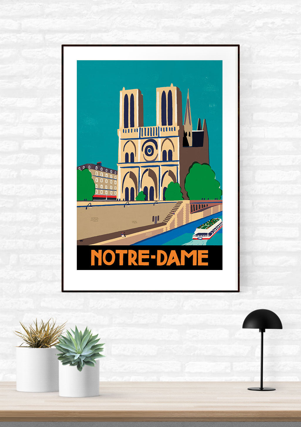 Notre-Dame de Paris, cathédrale, Seine, bateau, Paris, France, illustration, vintage, cadre, mur, plante, lampe