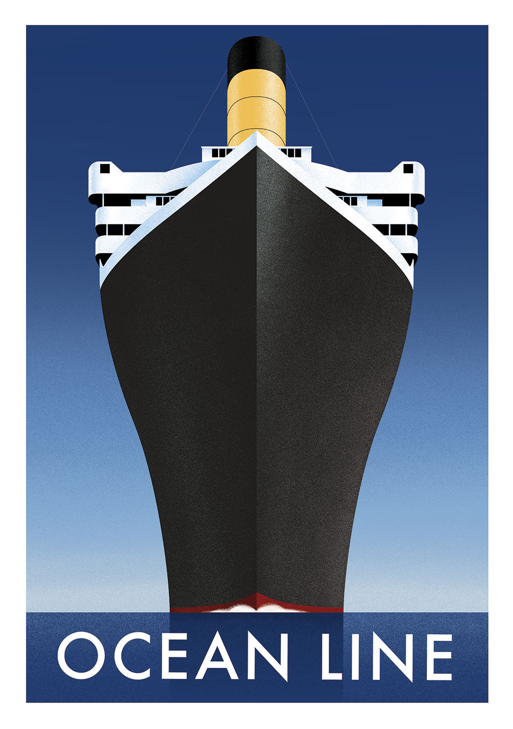 Bateau de ligne maritime stylisé, bleu et noir, texte "OCEAN LINE"