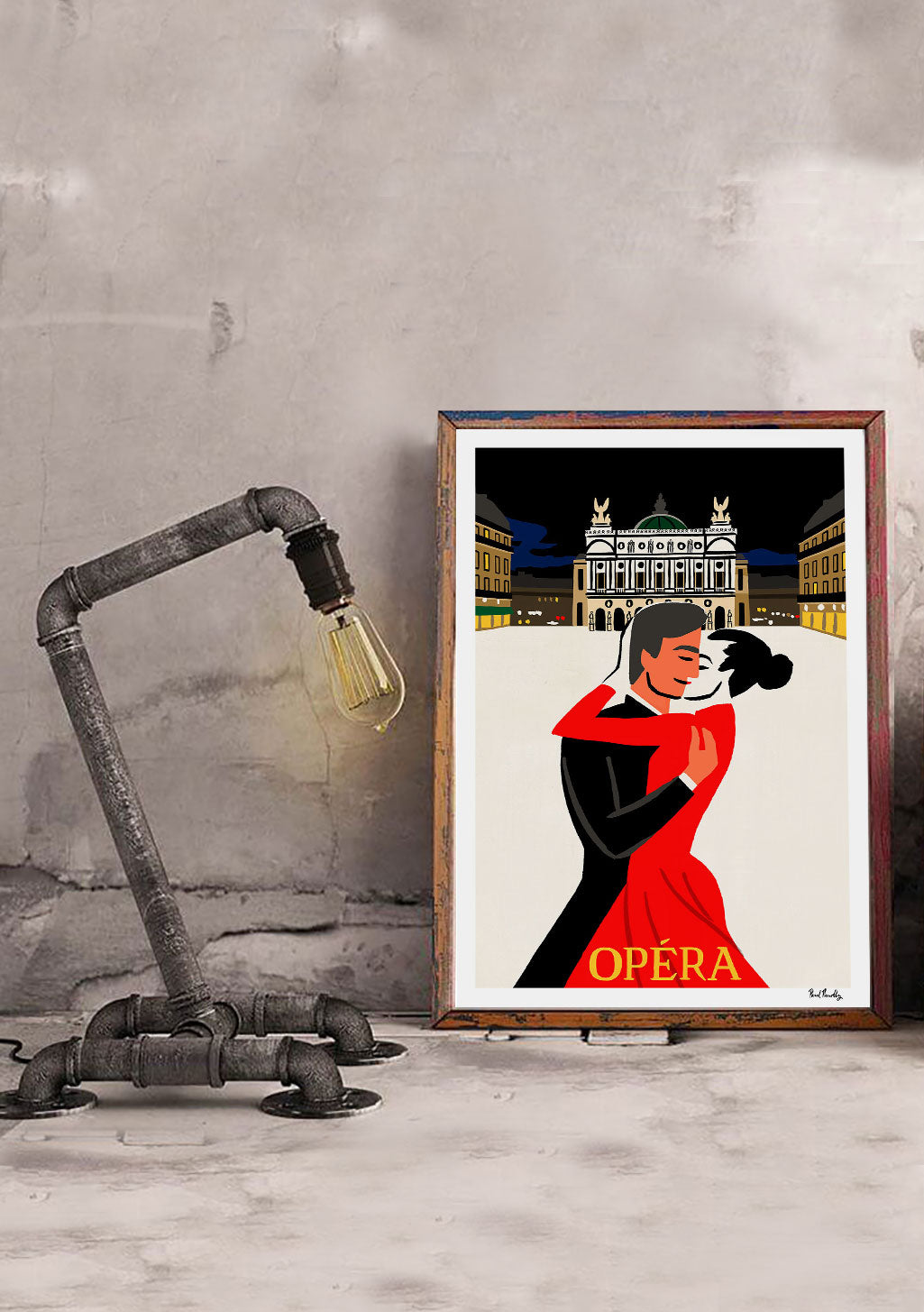 Femme en robe rouge, Opéra, scène, ville la nuit, art déco