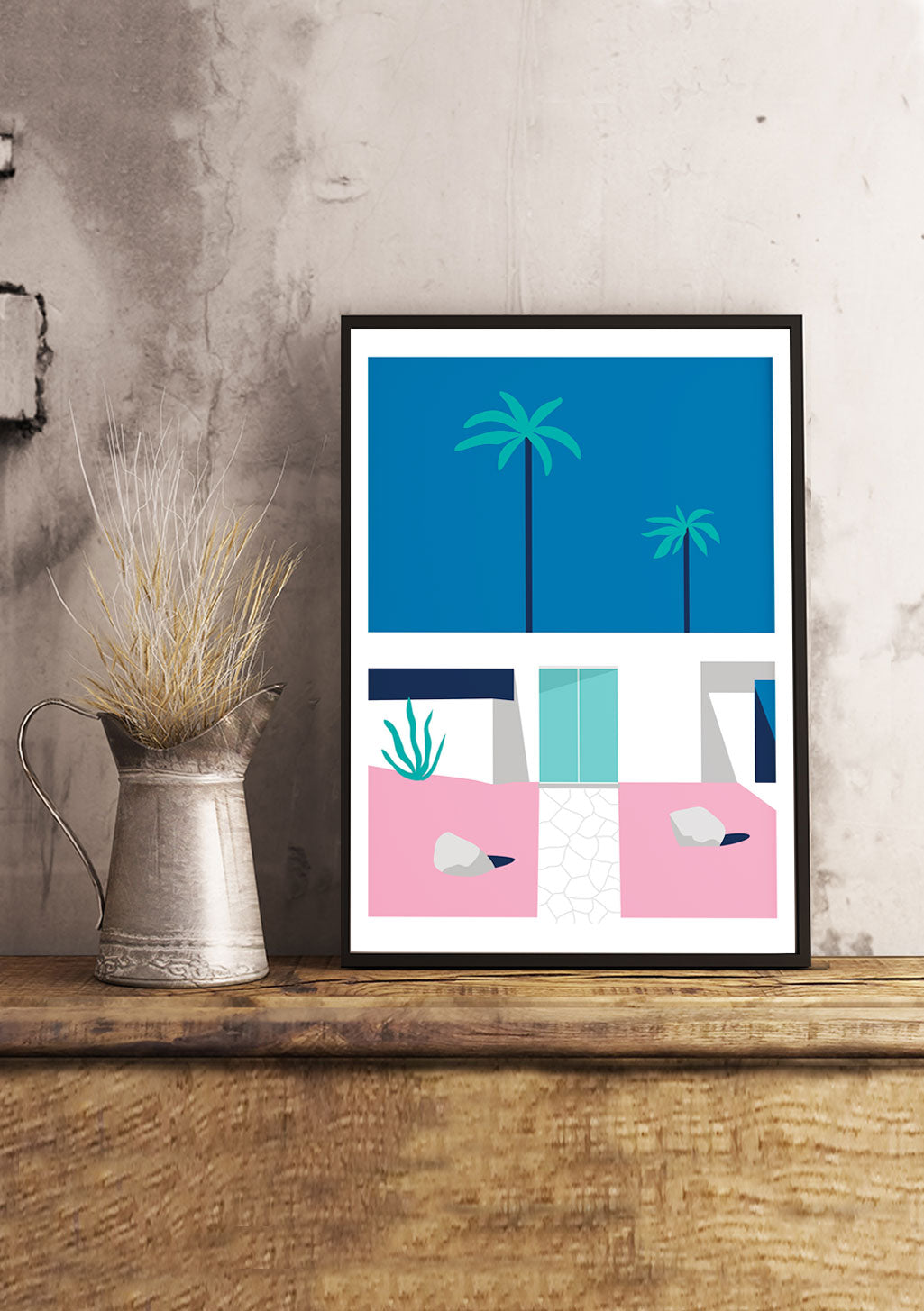 Palmiers, maison, plage, moderne, couleurs vives, cadre, art, design, vacances, tropical, pastel, minimaliste