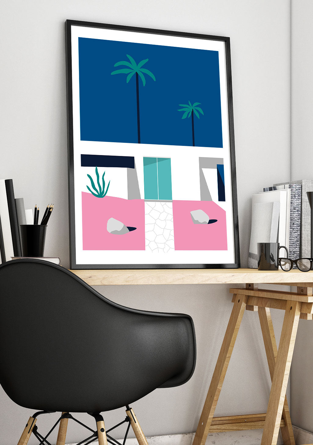 Palmiers, bleu, rose, moderne, minimaliste, maison, fenêtre, plante, carrelage, oiseau, ciel, design