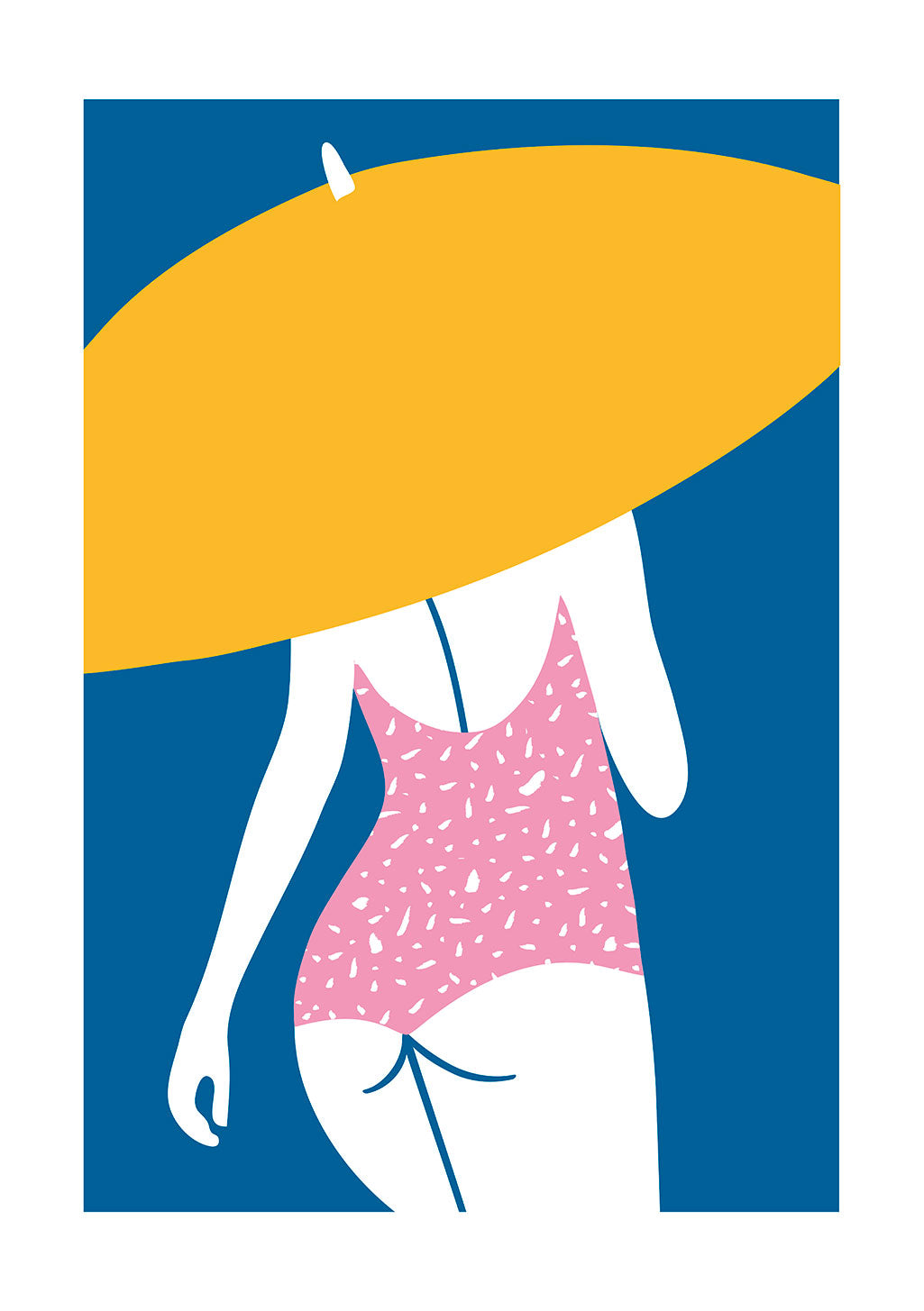 Femme tenant parapluie jaune sur fond bleu