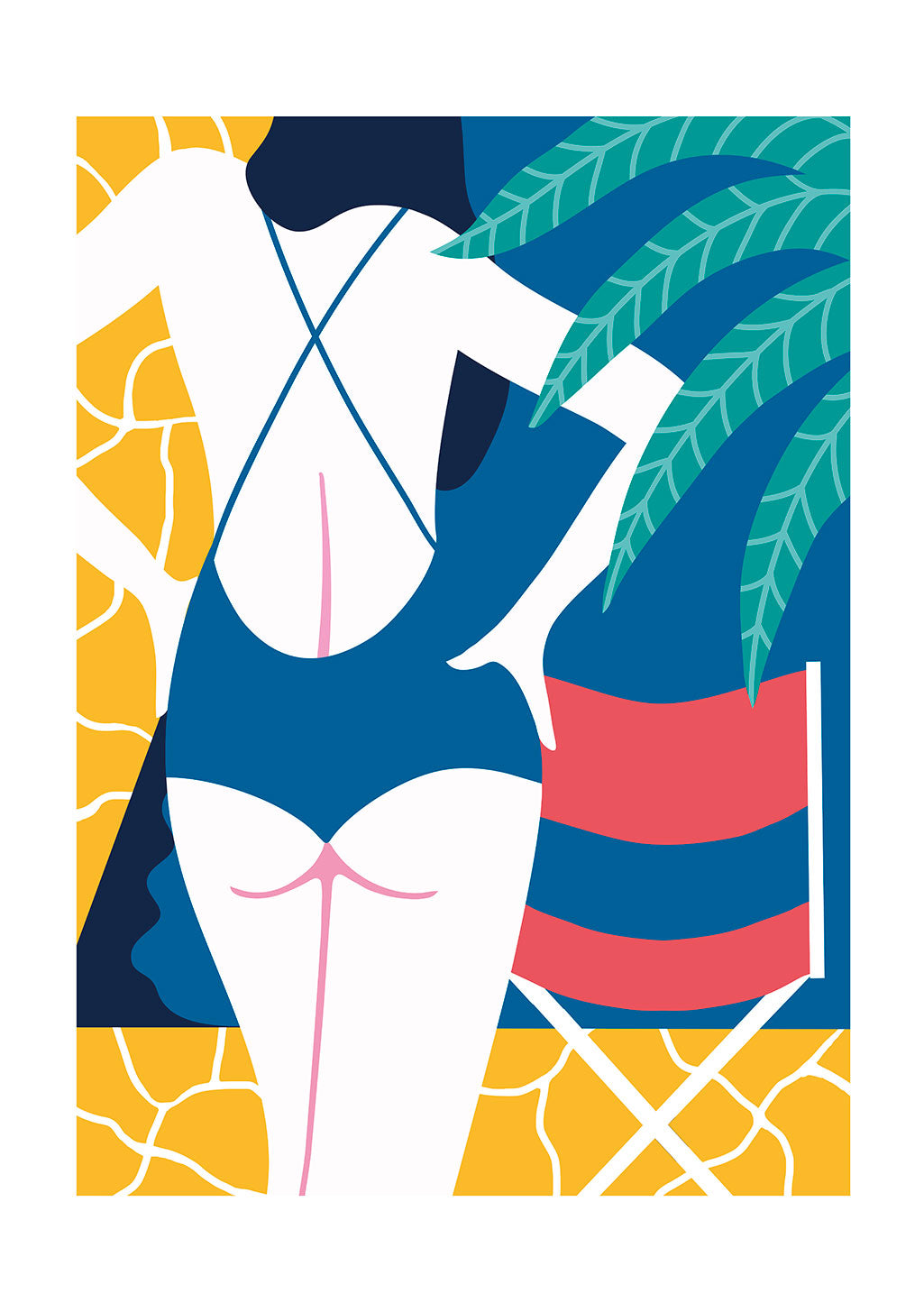 Femme en maillot de bain, chaise, feuilles, couleurs vives, style abstrait
