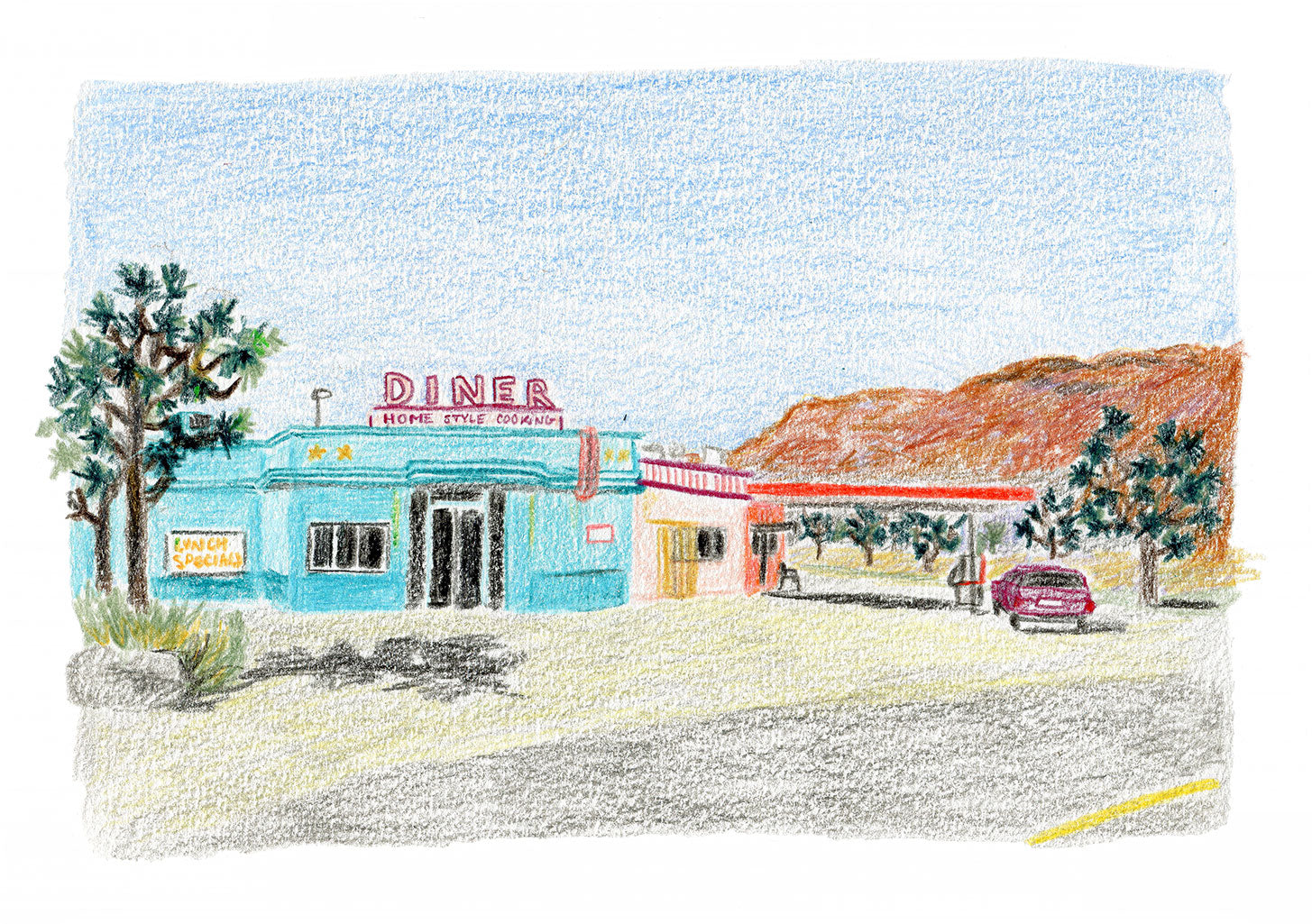Restaurant Diner, Cuisine Maison, Voiture, Arbre, Route, Panneau, Couleurs Douces