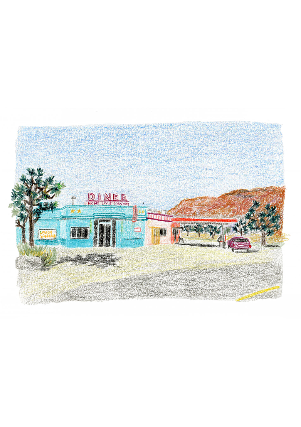 Dessiné restaurant, voiture, ciel bleu, arbres, bâtiment bleu