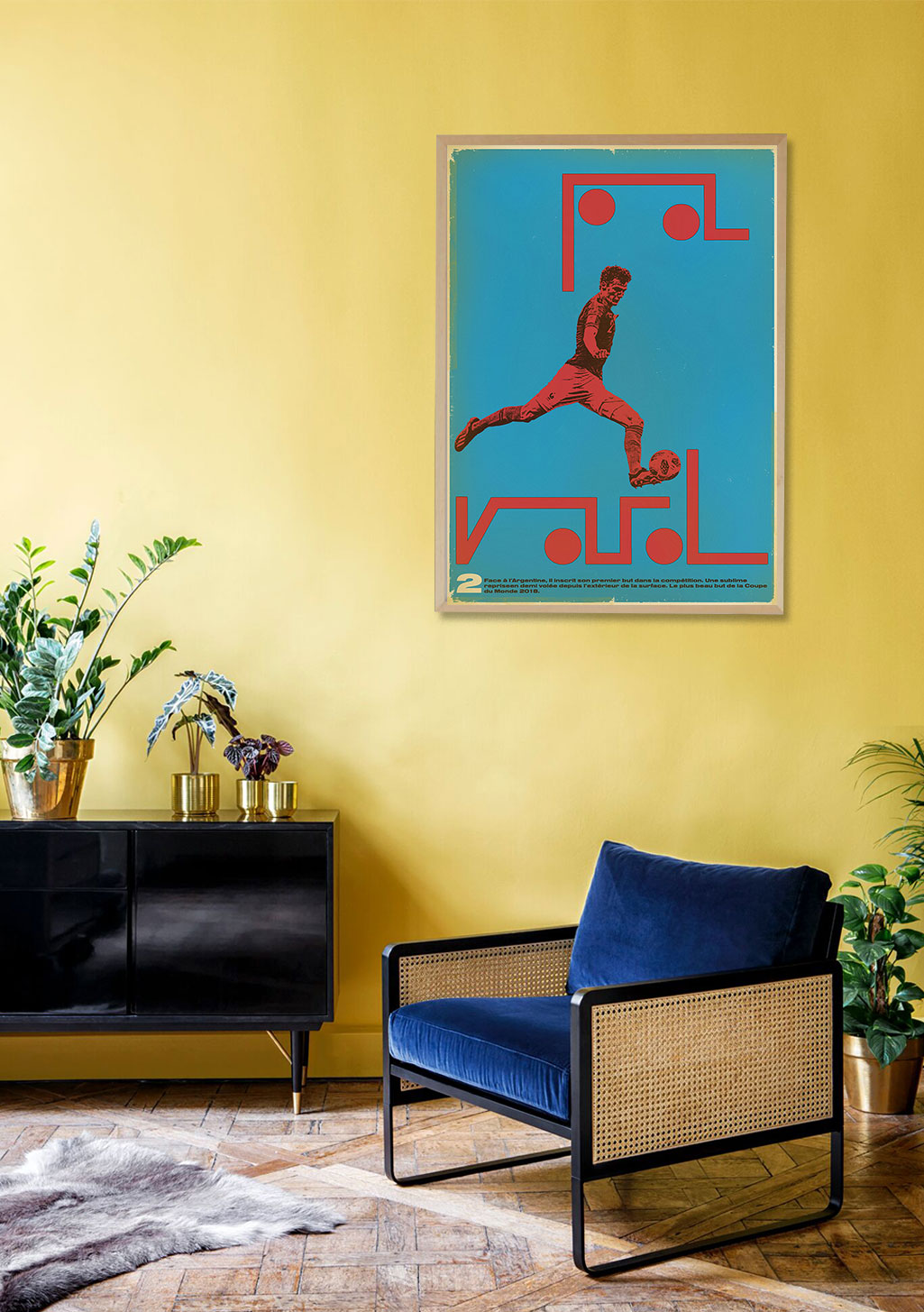 Poster de football, bleu et rouge, joueur en action