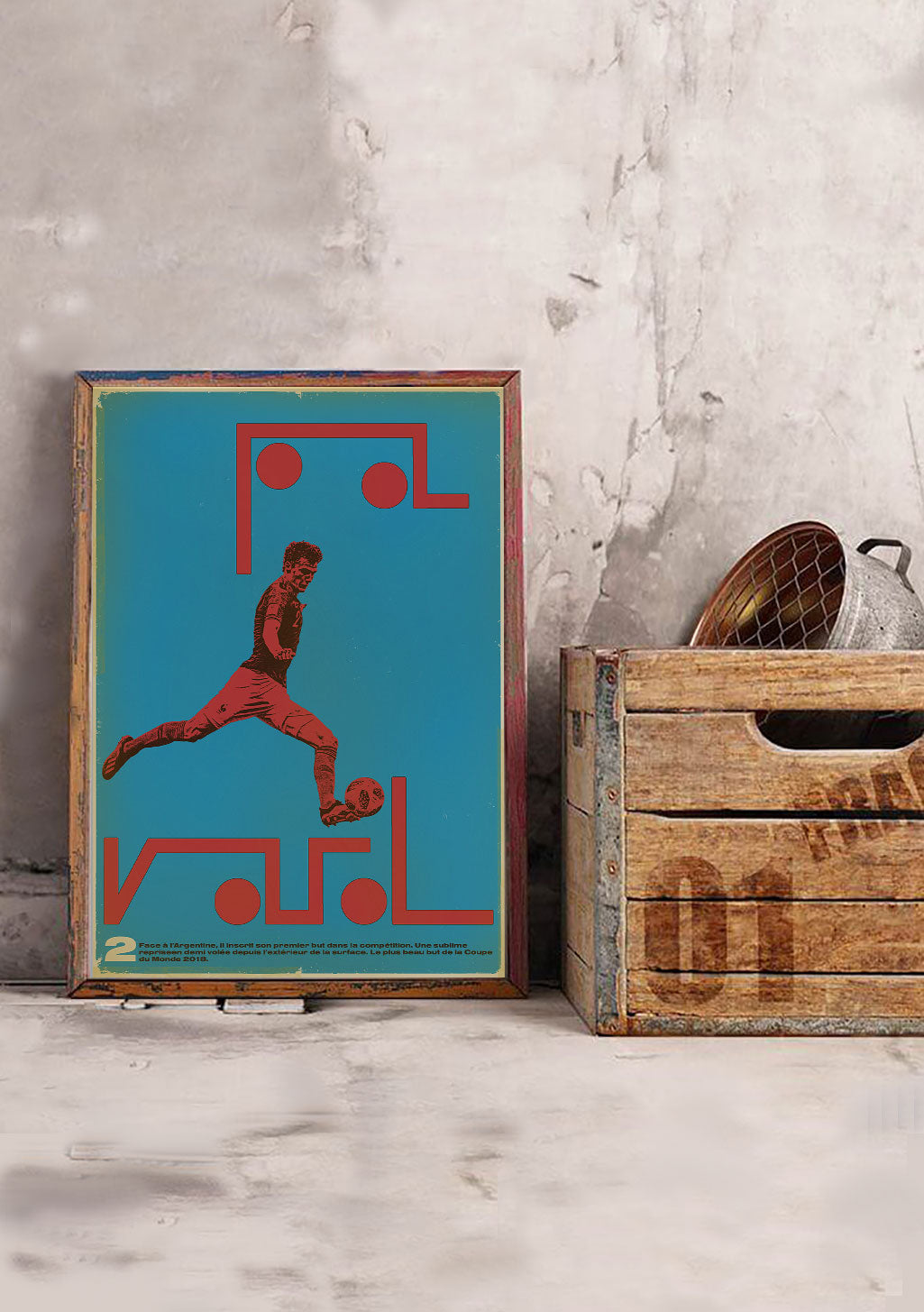 Poster de football, joueur, but, balle, design vintage, cadre en bois