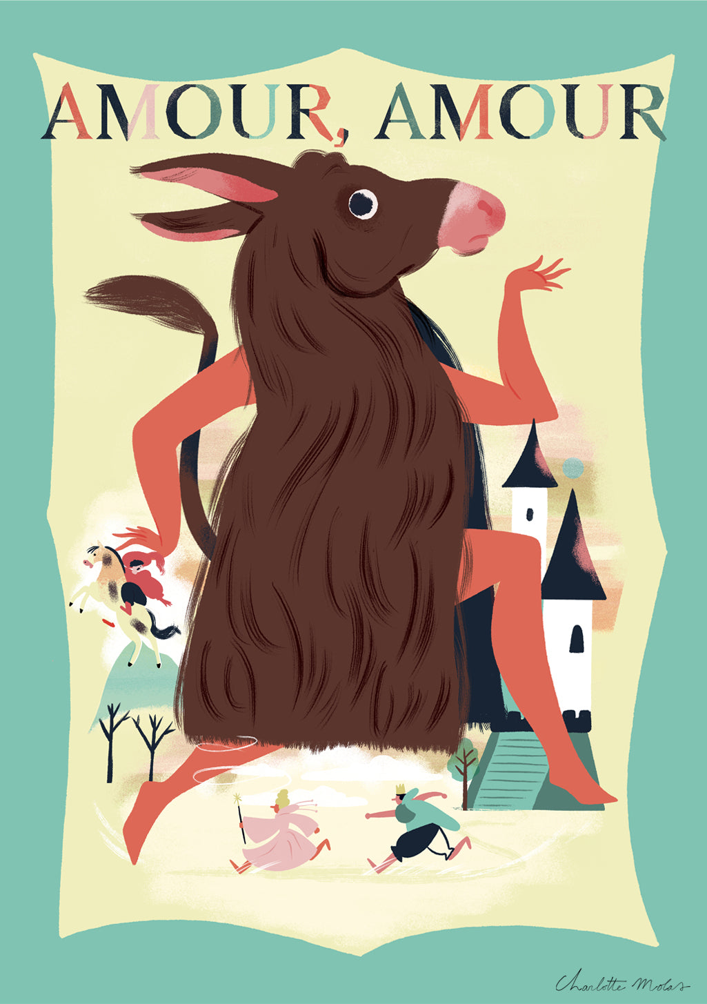 Illustration de dessin animé, bête, château, course, amour, personnages, scène d'hiver