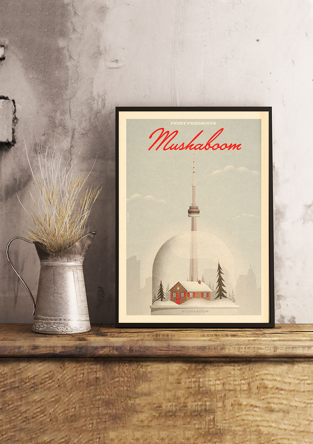 Tour CN, maison, neige, texte rouge, ciel nuageux, cadre, nature morte