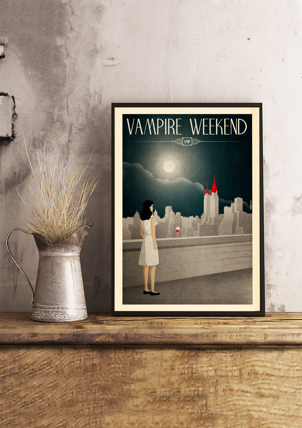 Femme, lune, ville, titre, poster, cadre, mur, plante, décoration, urbain, nuit, art