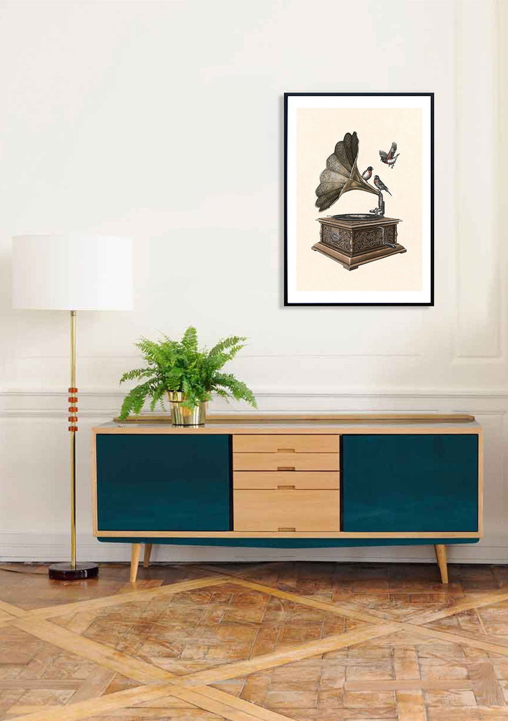 Poster Gramophone Oiseau Vintage Noir et Blanc