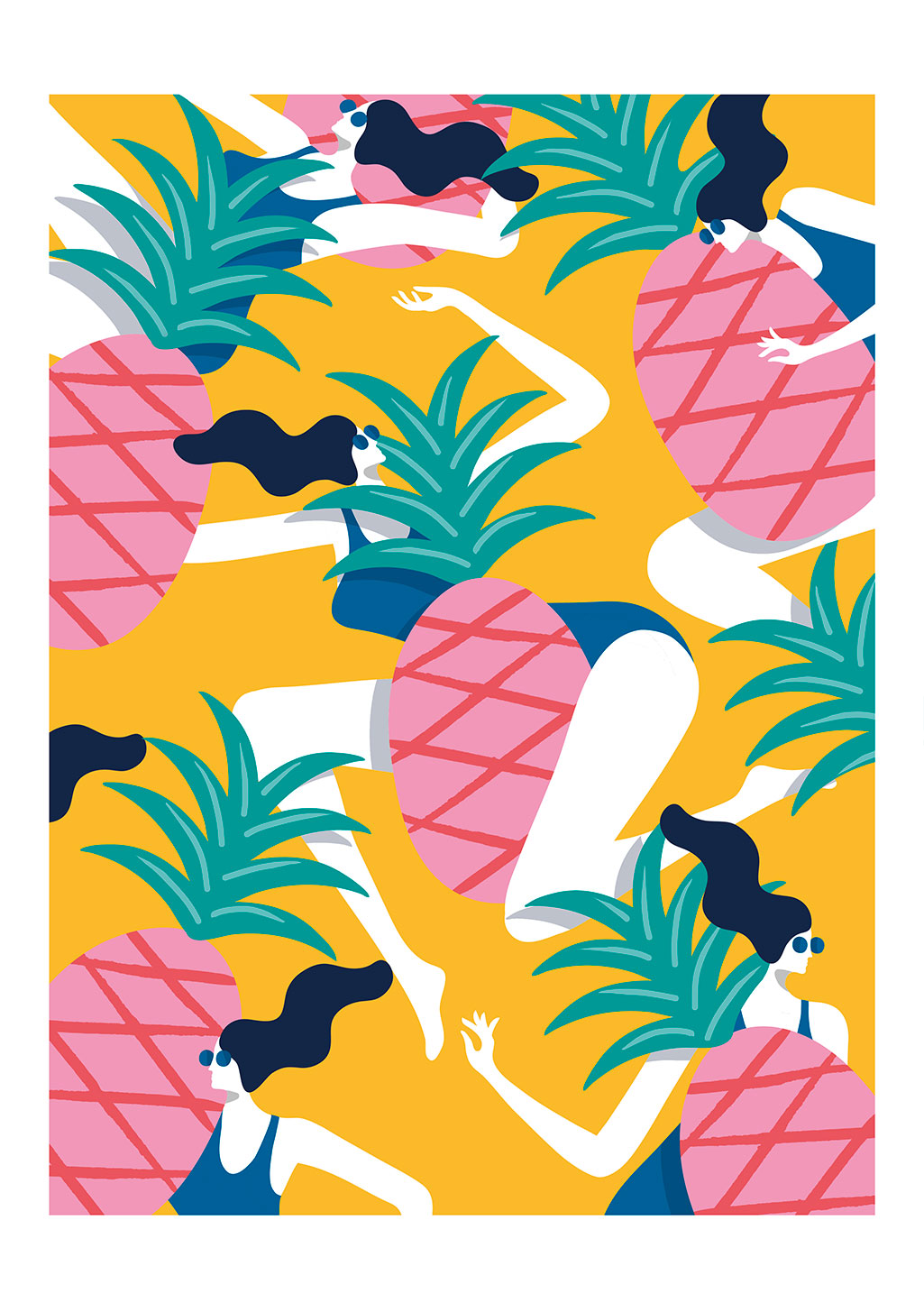 Femmes dansantes avec des ananas stylisés sur fond jaune