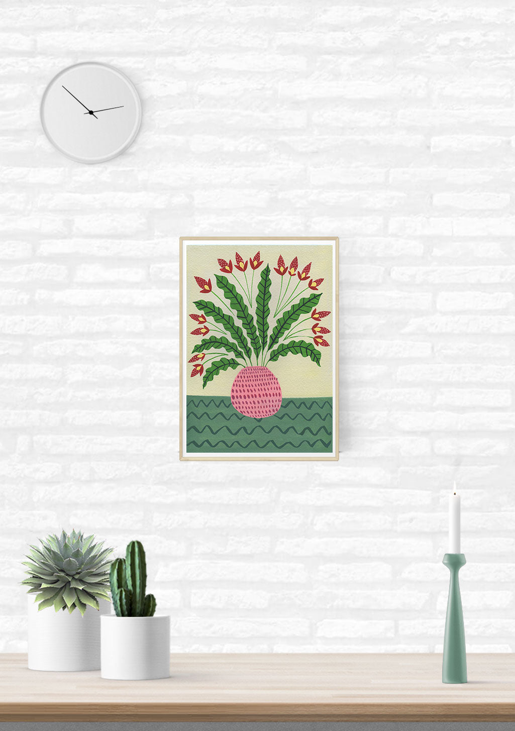 Poster floral avec vase rose et feuilles vertes