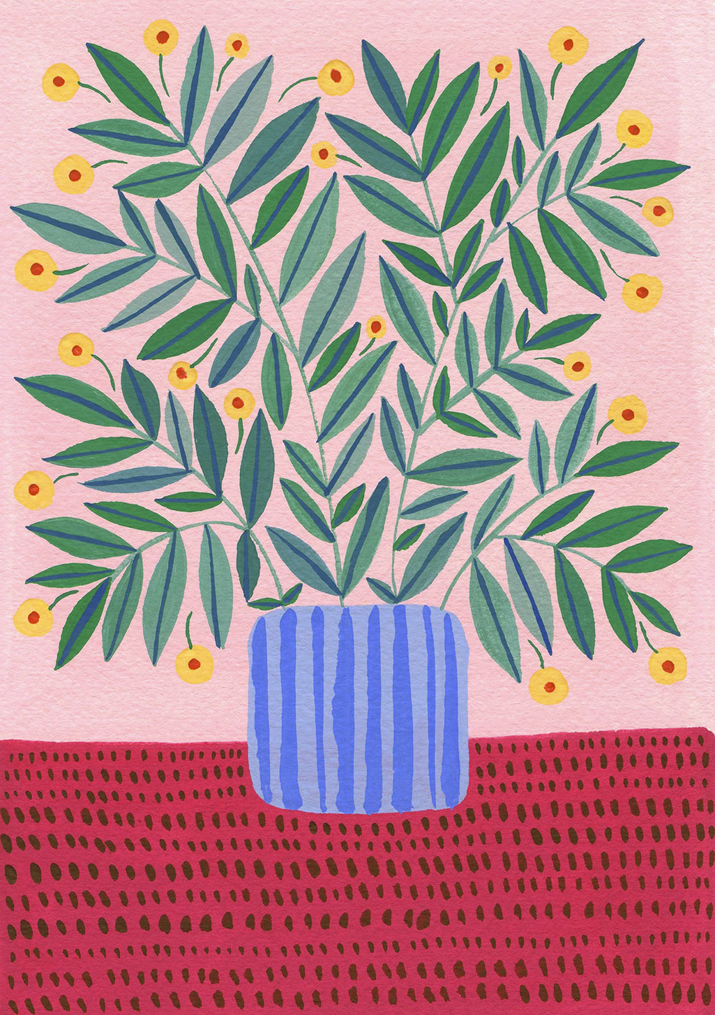 Vase bleu avec fleurs jaunes et feuilles vertes sur fond rose
