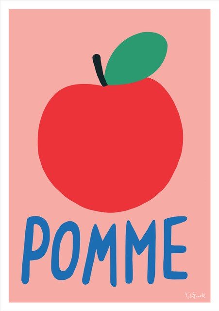 Pomme rouge avec feuille verte sur fond rose, texte bleu "POMME"