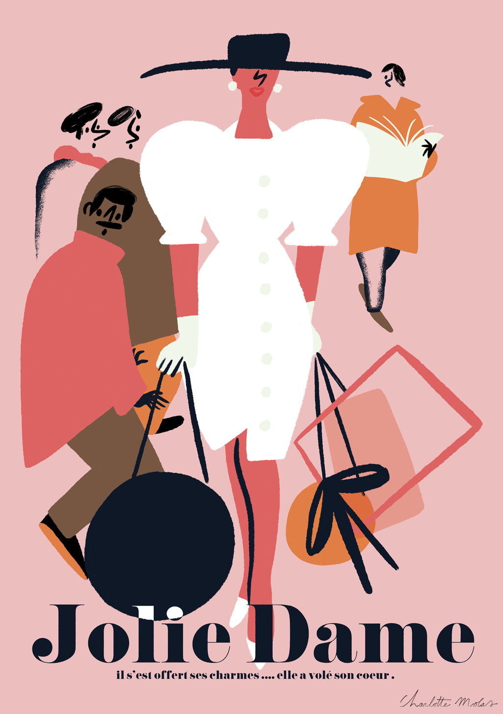 Illustration de mode, femmes stylisées, sacs à main, texte Jolie Dame