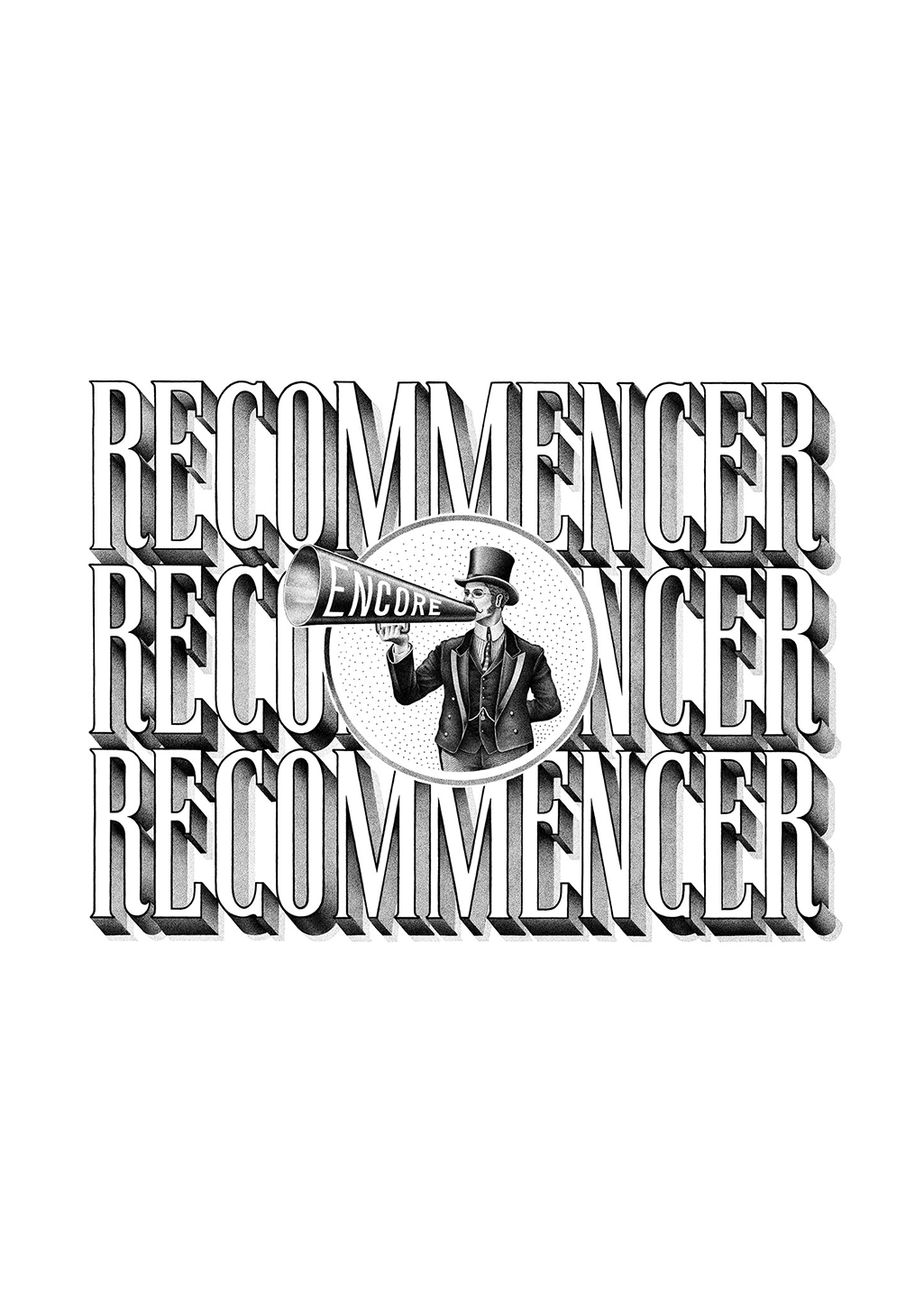 Homme en costume, haut-parleur, typographie stylisée, recommandations, encadrement circulaire