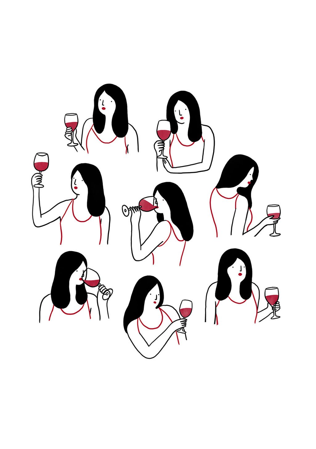 Illustrations de femmes buvant du vin, lignes simples, style minimaliste