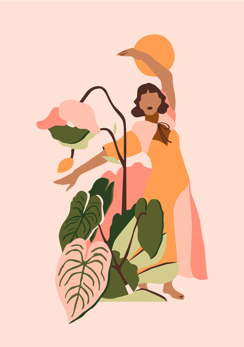 Femme levant les bras, entourée de fleurs et de feuilles, fond beige