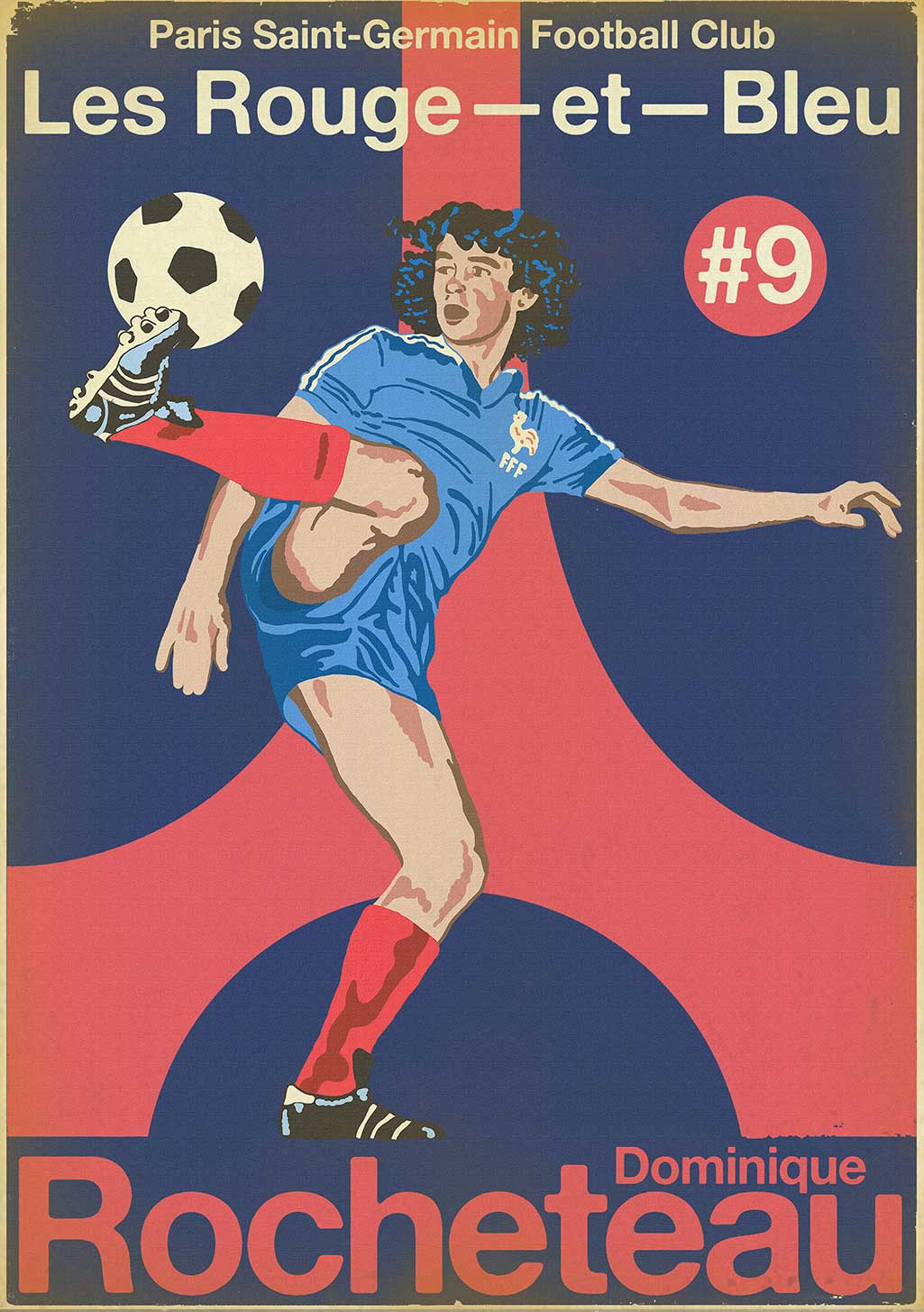 Poster de football Paris Saint-Germain, Dominique Rocheteau, numéro 9, action de tir, rouge et bleu