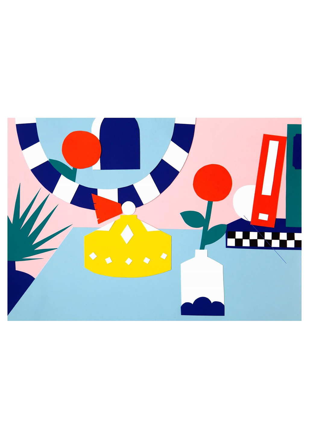 Art abstrait, couronne jaune, fleurs rouges, motifs géométriques, couleurs vives