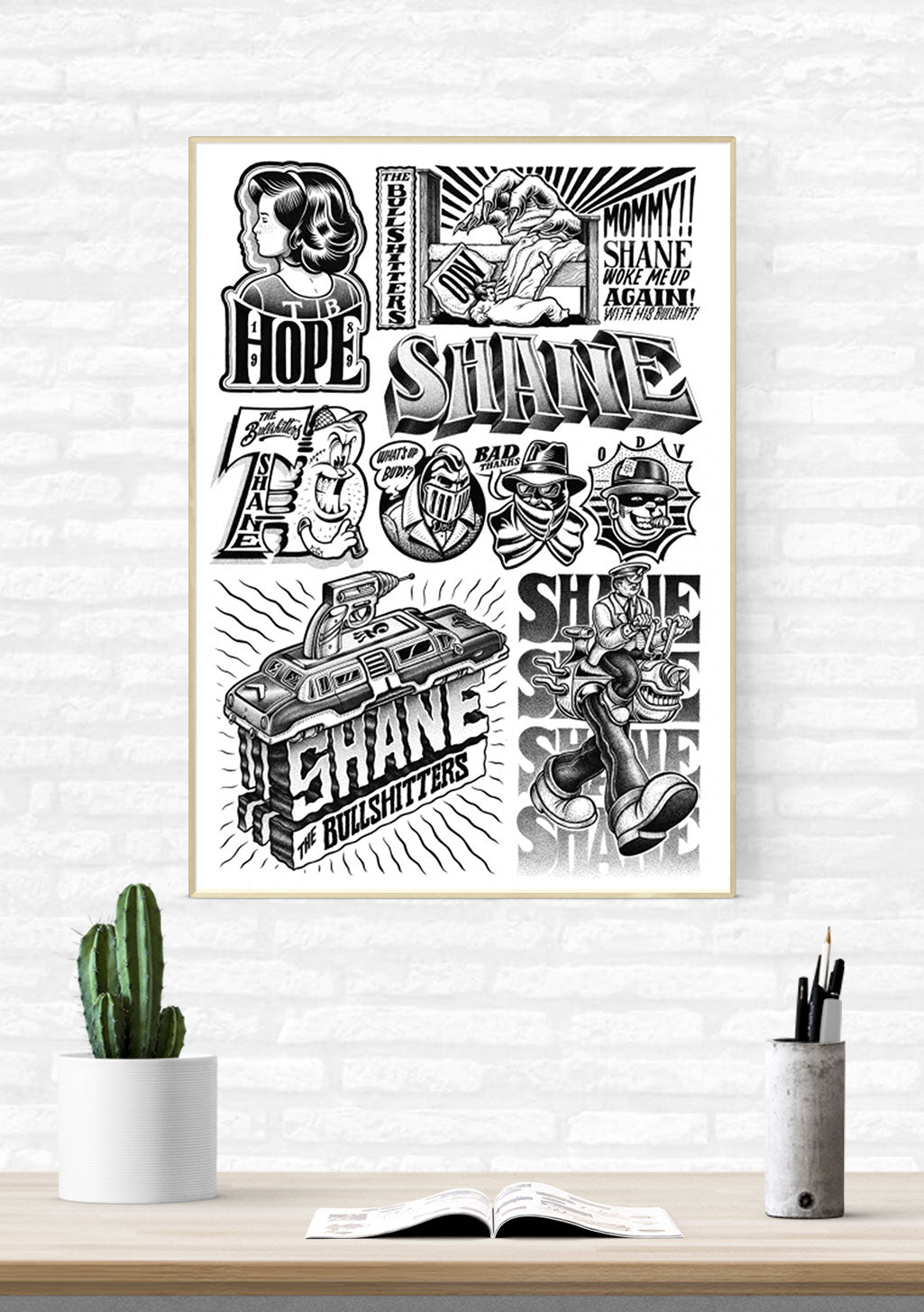 Art rétro en noir et blanc, texte "HOPE SHANE" et "BULLSHITTERS"