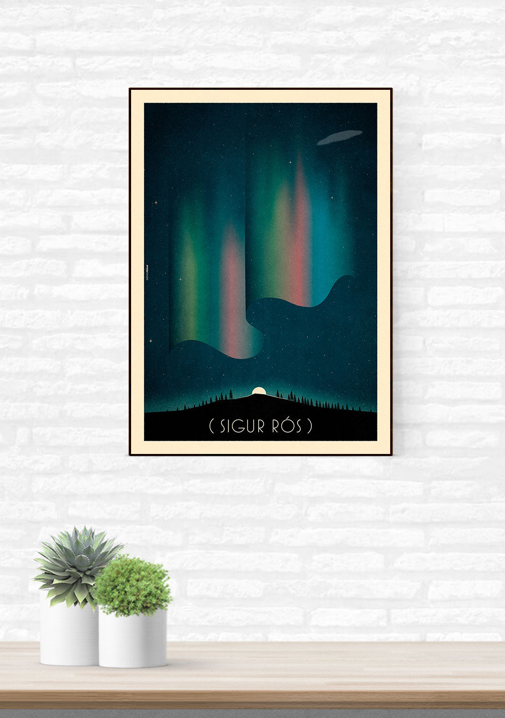 Aurore boréale, montagne, ciel nocturne, plante, cadre, mur de briques