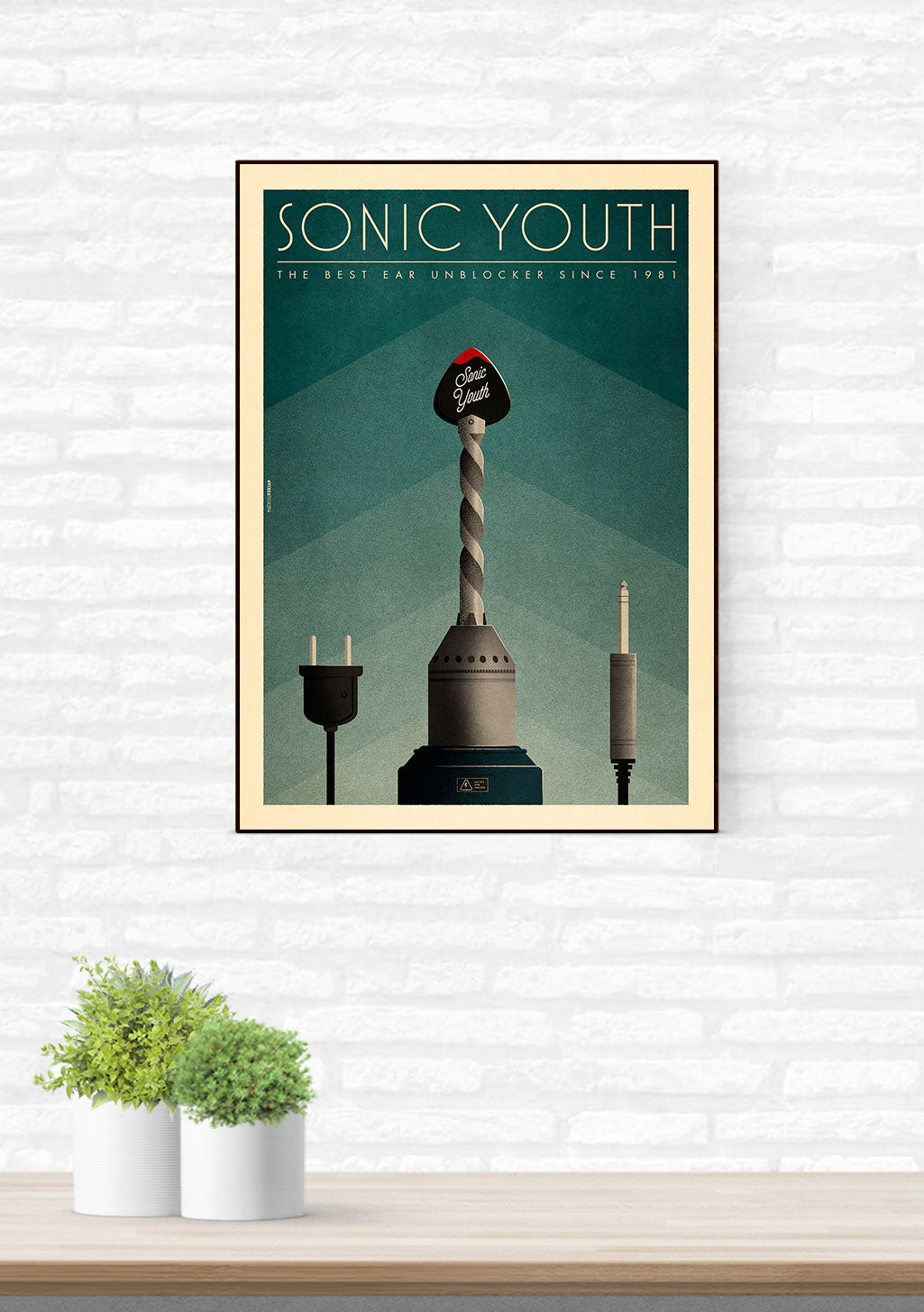 Poster Sonic Youth, amplificateur, prise, cordon, guitare, musique, affiche, mur, cadre, plante, blanc