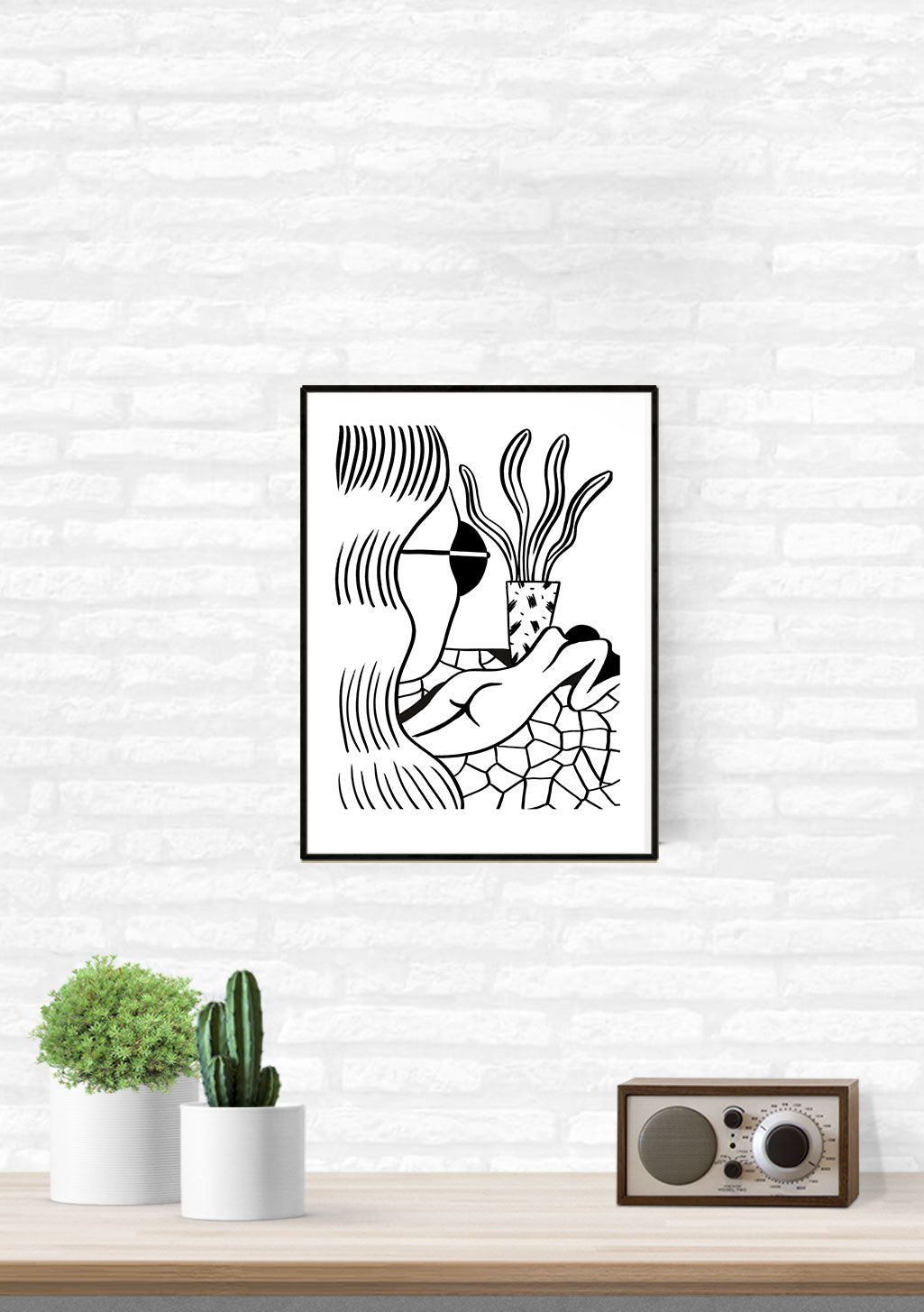 Art minimaliste en noir et blanc, figure stylisée avec des lignes abstraites