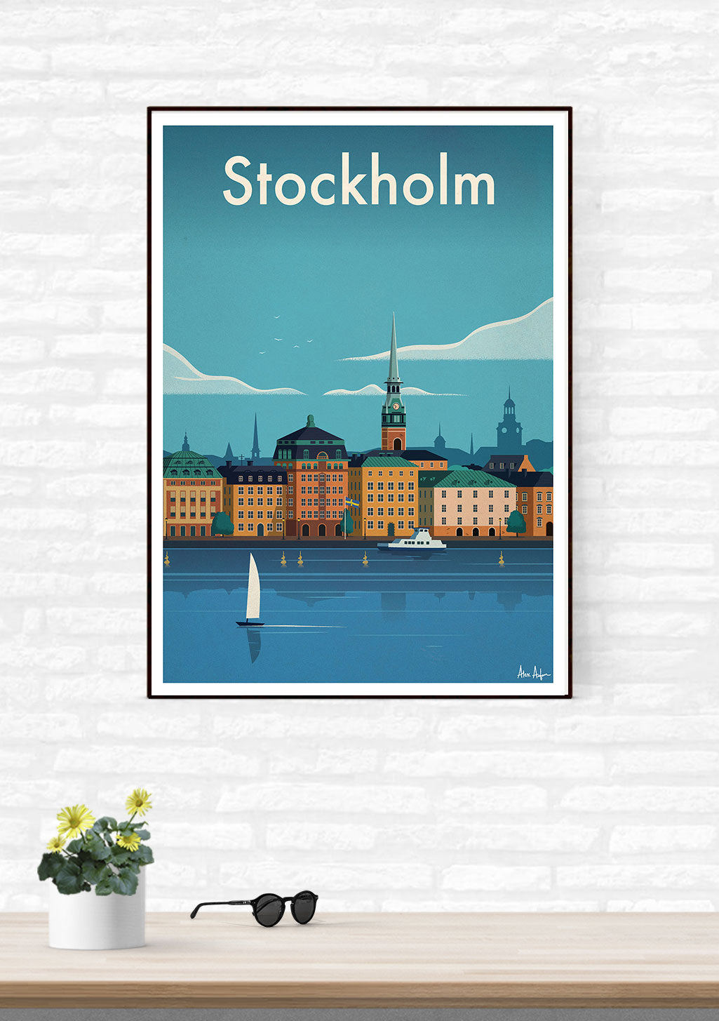 Stockholm, ville, bateau, ciel bleu, bâtiments, illustration, poster, mur, plante, lunettes, cadre, maison