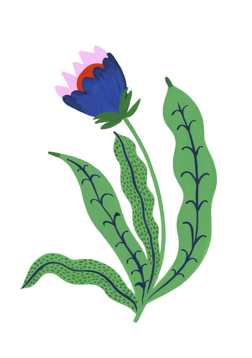 Fleur bleue avec feuilles vertes texturées
