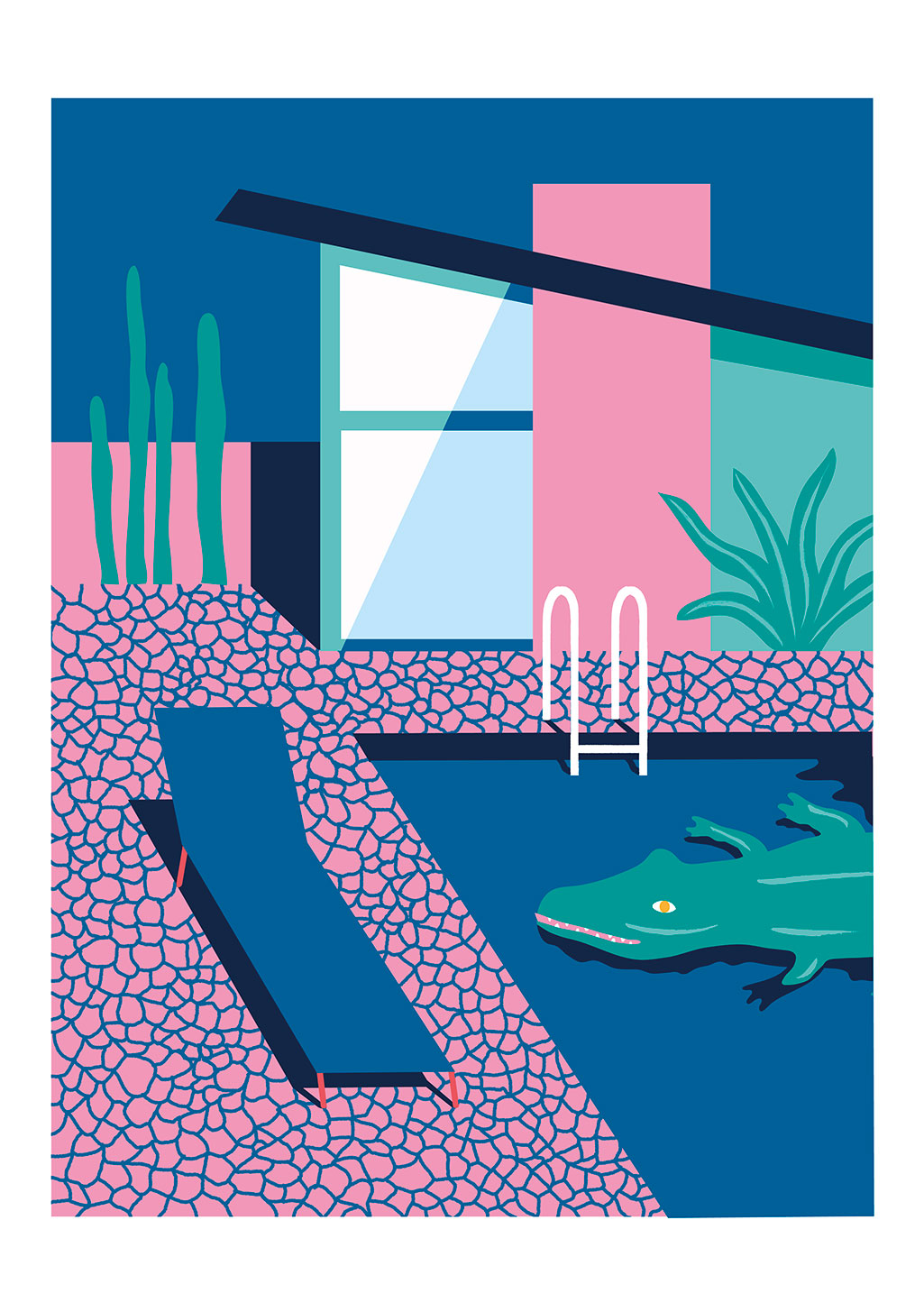 Illustration stylisée de piscine avec crocodile, plantes, bâtiments