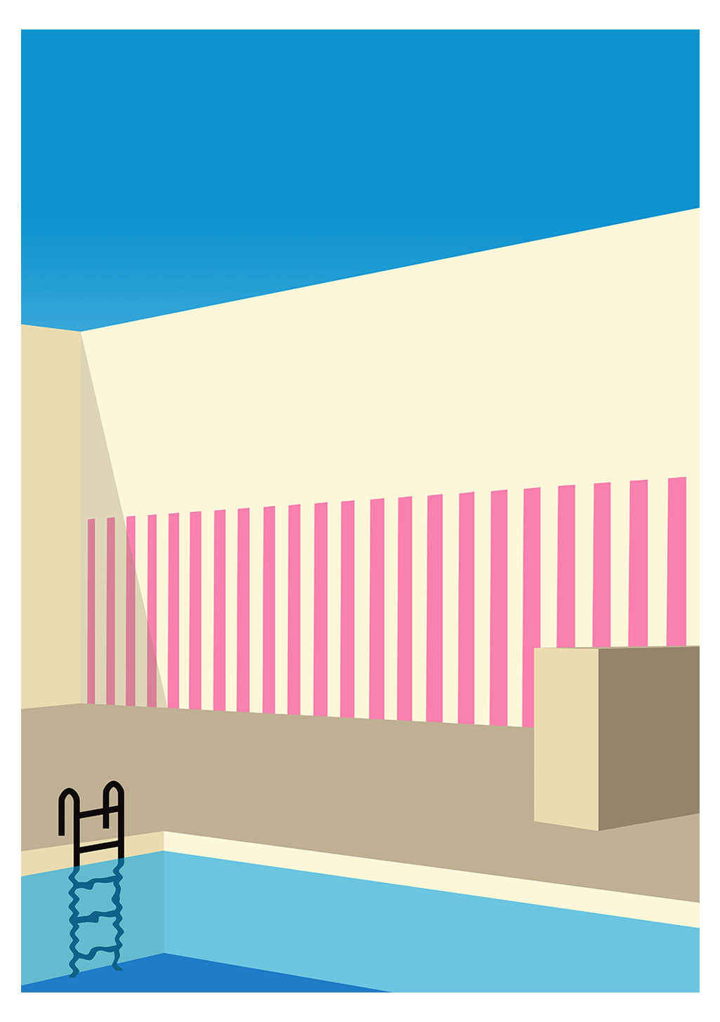 Piscine stylisée avec escalier, mur rayé rose, ciel bleu