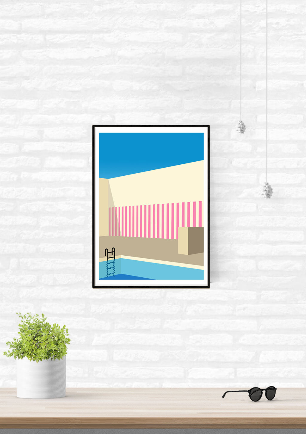 Poster abstrait plage piscine rayures roses