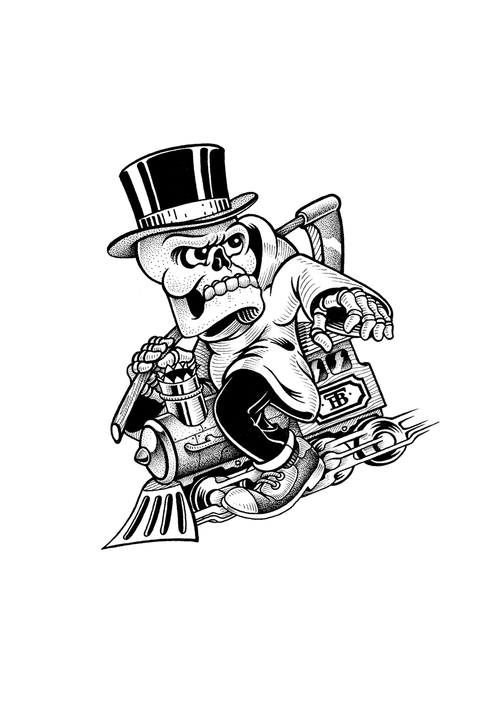 Squelette en costume, haut-de-forme, moto, bandana, expression faciale intense