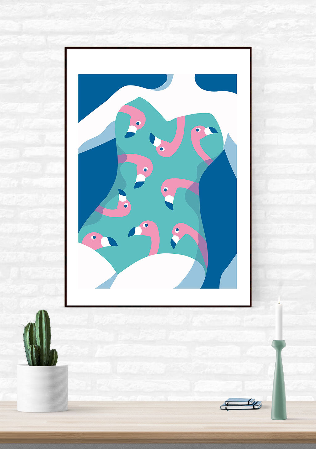 Art abstrait avec des flamants roses et des formes géométriques