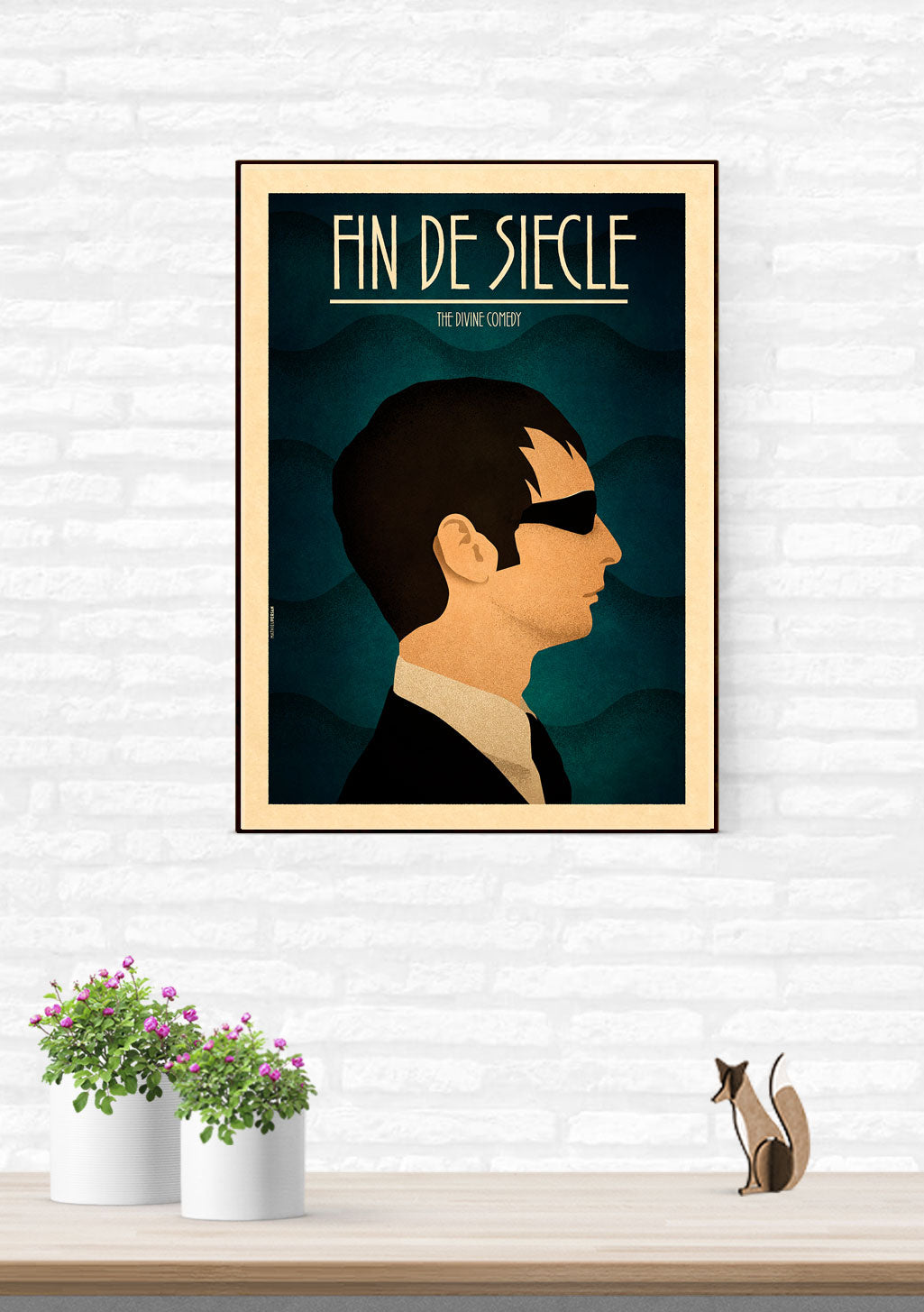 Poster de film Fin de Siècle, homme avec bandeau, arrière-plan bleu, cadre doré