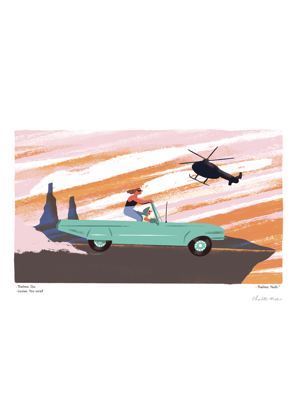 Homme conduit une voiture verte, héère au-dessus, falaise, coucher de soleil